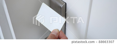 Male hand putting key card to lock on door closeup Male hand putting key card to lock on door closeup 88663307