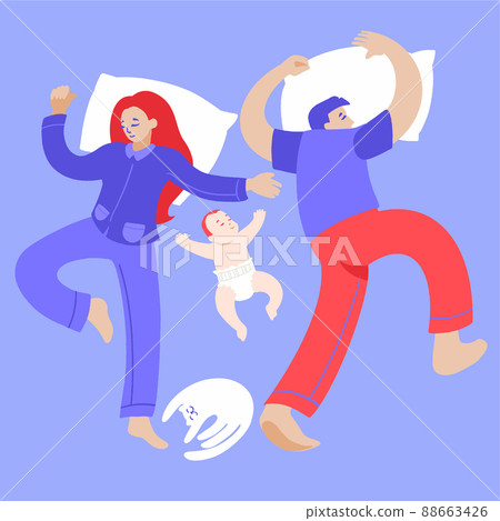 Happy family nap. Mother, father and baby sleeping together on bed top view. 88663426