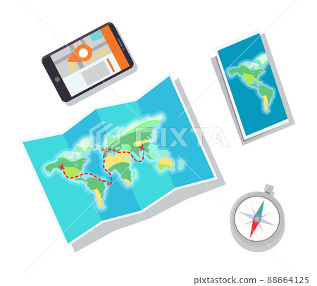 Paper Map and Mobile Phone Vector Illustration 88664125