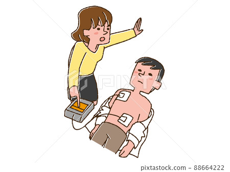 A woman trying to help a patient using an AED, a comical handwritten person vector, color on a line drawing 88664222