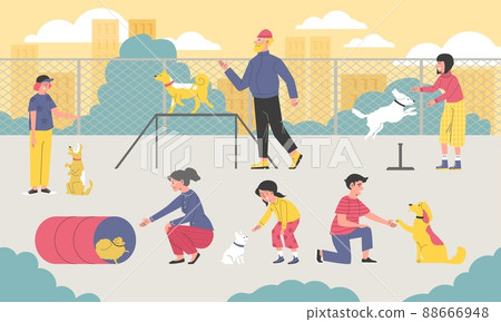 People train dogs outdoor, men and women spend time with pets flat style People train dogs outdoor, men and women spend time with pets flat style 88666948