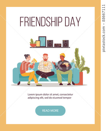 Friendship day poster or banner with friends eat pizza, vector illustration. 88667111