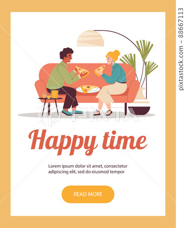 Banner with couple spending good time eating pizza, flat vector illustration. 88667113