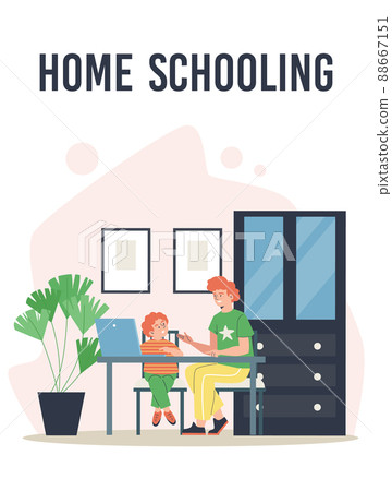 Homeschooling banner with father and child studying, flat vector illustration. 88667151