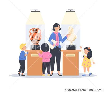 Children in museum look at exhibits behind glass flat style 88667253