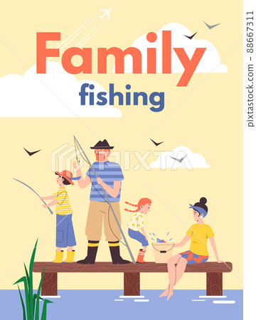 Family fishing poster with father and kids with rods on river bank, flat vector. Family fishing poster with father and kids with rods on river bank, flat vector. 88667311