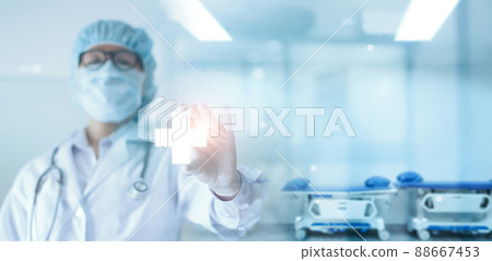 Healthcare and medical concept. Doctor wear face mask and gloves holding medical icon on Coronavirus COVID-19 pandemic crisis on hospital bed background, Medical examination, Health insurance. Healthcare and medical concept. Doctor wear face mask and gloves holding medical icon on Coronavirus COVID-19 pandemic crisis on hospital bed background, Medical examination, Health insurance. 88667453