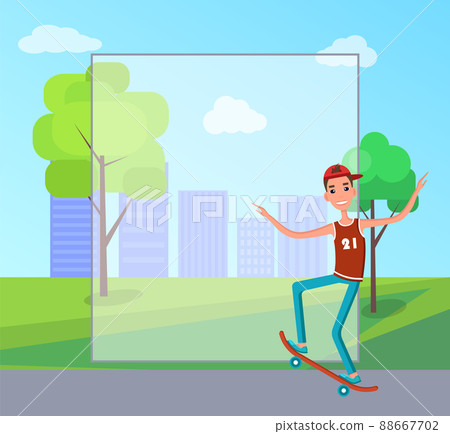 Skateboarder Training in Green Skatepark with Tree Skateboarder Training in Green Skatepark with Tree 88667702