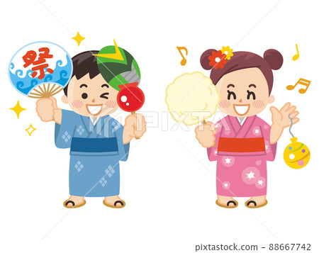 Children wearing yukata summer festival 88667742