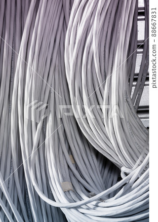 detail of large number of ethernet cables tied together connecting racks inside server room detail of large number of ethernet cables tied together connecting racks inside server room 88667831
