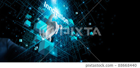 Businessman pointing word of innovation in structure global network connection, Block chain, Big data, Security on cyber network, communication, Innovation technology concept. 88668440