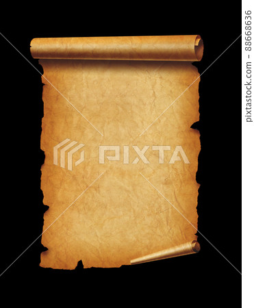 Old mediaeval paper sheet. Parchment scroll isolated on black 88668636