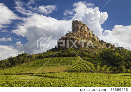 Rock of Solutre with vineyards, Burgundy, Solutre-Pouilly, France 88669458