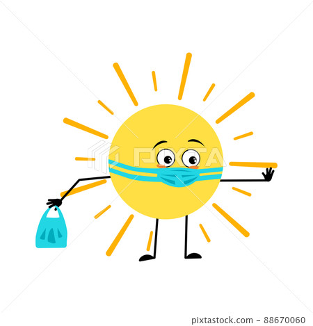 Cute sun character with sad emotions, face and mask keep distance, hands with shopping bag and stop gesture. Person with care expression and pose. Vector flat illustration 88670060