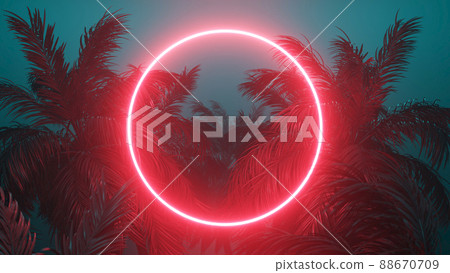 Retrowave Tropical Scene Palms and Glowing Frame 3d render Retrowave Tropical Scene Palms and Glowing Frame 3d render 88670709