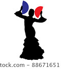 Black silhouette of flamenco dancer in beautiful dress with two fans in her hands 88671651