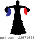 Black silhouette of flamenco dancer in beautiful dress with two fans in her hands 88671653