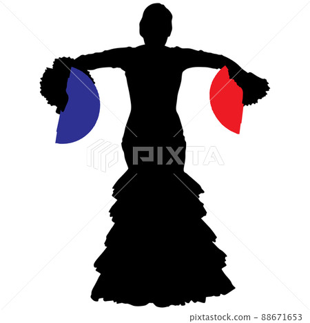 Black silhouette of flamenco dancer in beautiful dress with two fans in her hands 88671653
