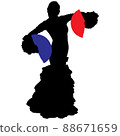Black silhouette of flamenco dancer in beautiful dress with two fans in her hands 88671659