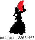 Black silhouette of flamenco dancer in beautiful dress with fan in her hand 88671665