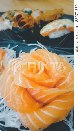 Japanese food sashimi salmon in japan restaurant 88671876