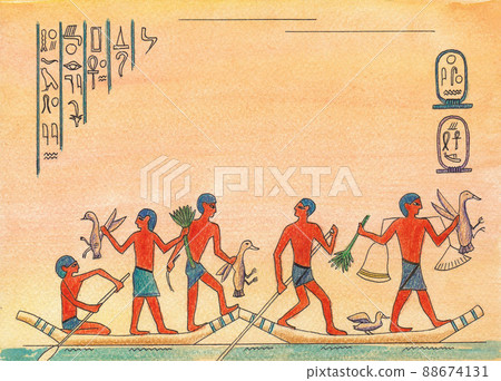 People on Egyptian boats on the Nile, Egyptian style postcard, drawn boats, Egyptian hieroglyphs and inscriptions. People on Egyptian boats on the Nile, Egyptian style postcard, drawn boats, Egyptian hieroglyphs and inscriptions. 88674131