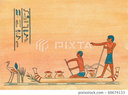 People on Egyptian boats on the Nile, Egyptian style postcard, drawn boats, Egyptian hieroglyphs and inscriptions. People on Egyptian boats on the Nile, Egyptian style postcard, drawn boats, Egyptian hieroglyphs and inscriptions. 88674133