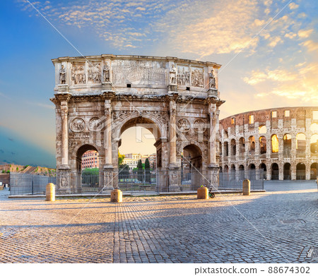 The Arch of Constantine near the Coliseum, famous ancient triumphal arch of Rome, Italy 88674302