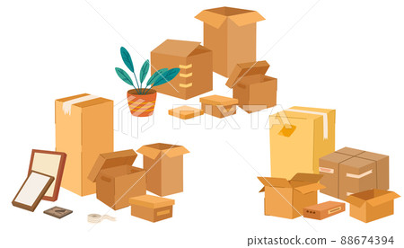 Boxes set. Cardboard boxes with various things. Moving and relocation concept. Hand-drawn color vector isolated illustrations. Cartoon style, fashionable design 88674394