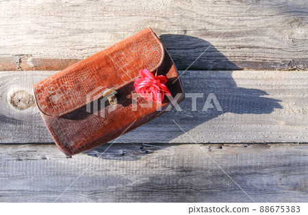Old leather vintage reticule bag with rose 88675383