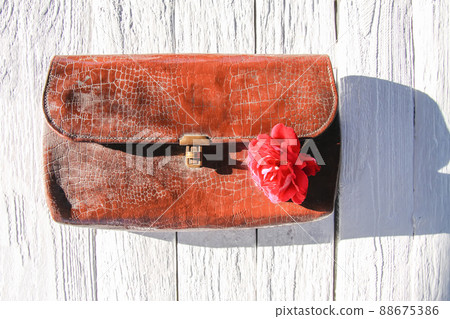 Old leather vintage reticule bag with rose 88675386