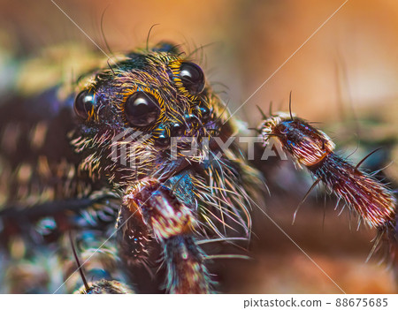 Portrait of Thin-legged Wolf Spider - Genus Pardosa, close up detailed focus stacked photo 88675685