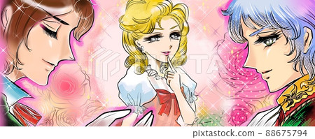 Delusional illustration of a blonde beauty who is lost in the invitation of the date of the 70's shojo manga handsome princes 88675794