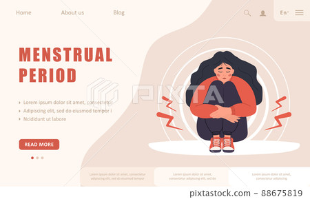 Menstrual period. Landing page template. Sad woman with abdominal cramps or pms symptoms. Female critical day problems. Vector illustration in flat cartoon style 88675819