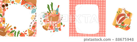 Picnic party poster set. Summer picnic party invitation frame with picnic basket, picnic blanket, picnic food, pizza, sausages. Outdoor picnic collection. Vector illustration card. Garden party banner Picnic party poster set. Summer picnic party invitation frame with picnic basket, picnic blanket, picnic food, pizza, sausages. Outdoor picnic collection. Vector illustration card. Garden party banner 88675948