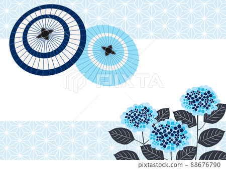 繡球花、日本傘和雨季背景水平與麻葉圖案 88676790