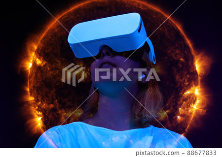 Woman uses virtual reality headset to see the... - Stock Illustration ...