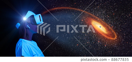 Woman uses virtual reality headset to see the... - Stock Illustration ...