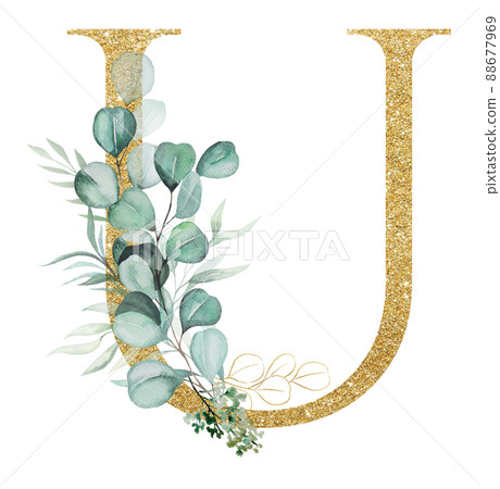 Golden letter U decorated with green Watercolor eucalyptus branches and leaves isolated 88677969