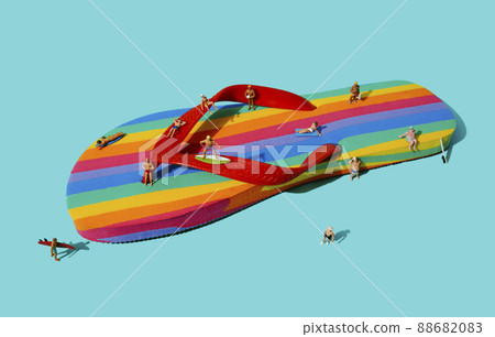 some miniature men on a rainbow flip-flop 88682083