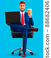 3 d portrait of a male businessman sitting in an armchair, drinking coffee and working on a laptop computer. Minimal style. 3d render illustration 88682406