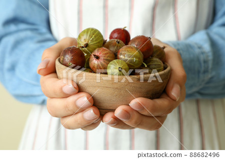 Woman in apron holds bowl of gooseberry, close up 88682496