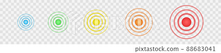 Multicolored concentric points. Symbols of aim, target, pain, healing, hurt, painkilling. Round localization icons. Radar, sound or sonar wave signs Multicolored concentric points. Symbols of aim, target, pain, healing, hurt, painkilling. Round localization icons. Radar, sound or sonar wave signs 88683041
