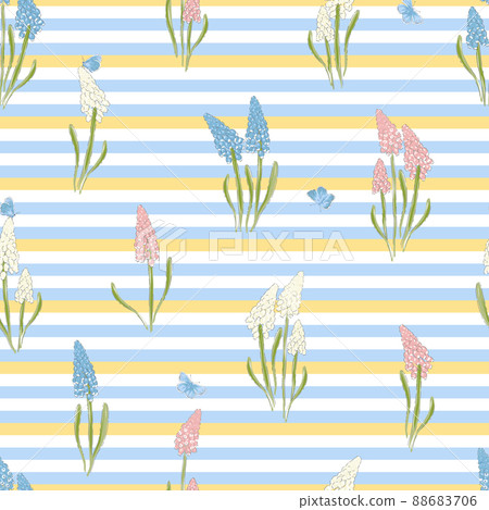 Grape Hyacinth flower and blue butterfly on stripes hand drawn vector seamless pattern. Vintage Romantic Spring Garden Bloom background. Liberty inspired retro floral print for fashion fabric. Grape Hyacinth flower and blue butterfly on stripes hand drawn vector seamless pattern. Vintage Romantic Spring Garden Bloom background. Liberty inspired retro floral print for fashion fabric. 88683706