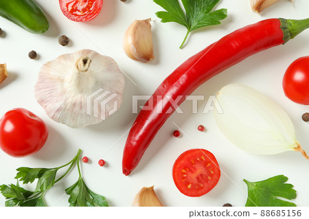 Spicy vegetables on white background, close up Spicy vegetables on white background, close up 88685156