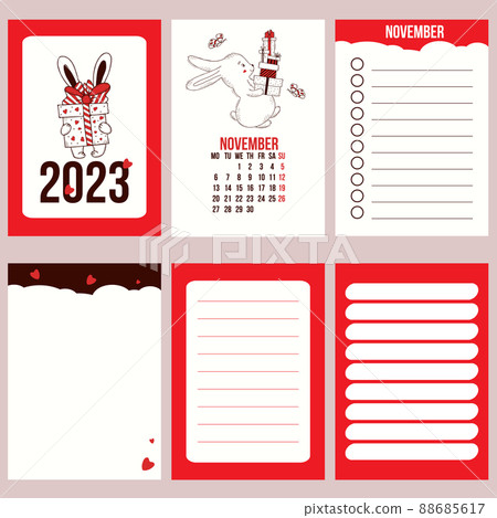 Big set calendar planner with cover for November 2023 with cute rabbit and pages, notes, control and to do list. Vector illustration. Week from Monday. in english. year of rabbit to Chinese calendar. Big set calendar planner with cover for November 2023 with cute rabbit and pages, notes, control and to do list. Vector illustration. Week from Monday. in english. year of rabbit to Chinese calendar. 88685617