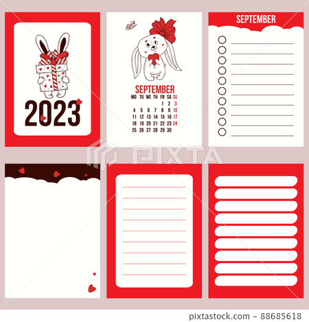 Big set calendar planner with cover for September 2023 with cute rabbit and pages, notes, control and to do list. Vector illustration. Week from Monday, in english. year of rabbit to Chinese calendar. Big set calendar planner with cover for September 2023 with cute rabbit and pages, notes, control and to do list. Vector illustration. Week from Monday, in english. year of rabbit to Chinese calendar. 88685618