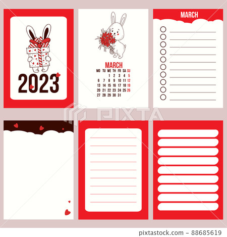 Vertical set calendar template for March 2023 with cute rabbit with flower and planner pages, notes, to do list. Vector illustration. Week from Monday, in english. year of rabbit to Chinese calendar Vertical set calendar template for March 2023 with cute rabbit with flower and planner pages, notes, to do list. Vector illustration. Week from Monday, in english. year of rabbit to Chinese calendar 88685619