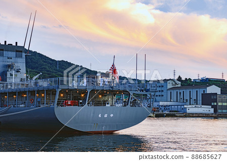 Hiroshima Dusk Kure Port Submarine rescue ship moored 88685627
