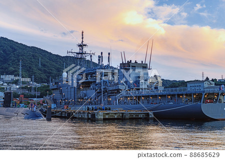 Hiroshima Dusk Kure Port Submarine rescue ship moored Hiroshima Dusk Kure Port Submarine rescue ship moored 88685629